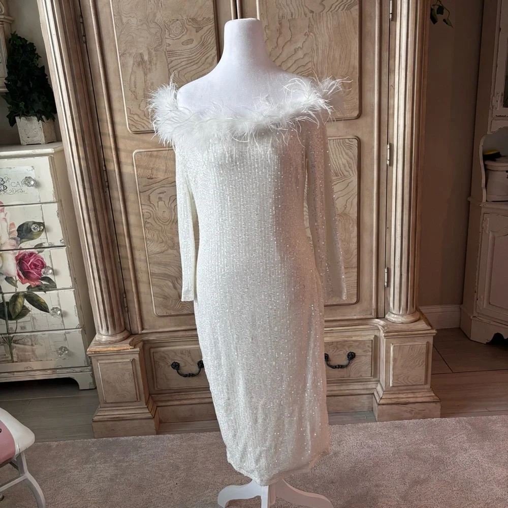 NEW White Dress, White Sequins Dress, Dress with Feathers, Prom, NWOT, Size L - Picture 3 of 10